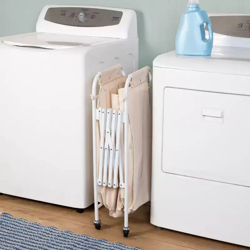 Honey-Can-Do Panier à linge triple accordéon : Panier à linge roulant en acier blanc avec roues, pliable, design ouvert