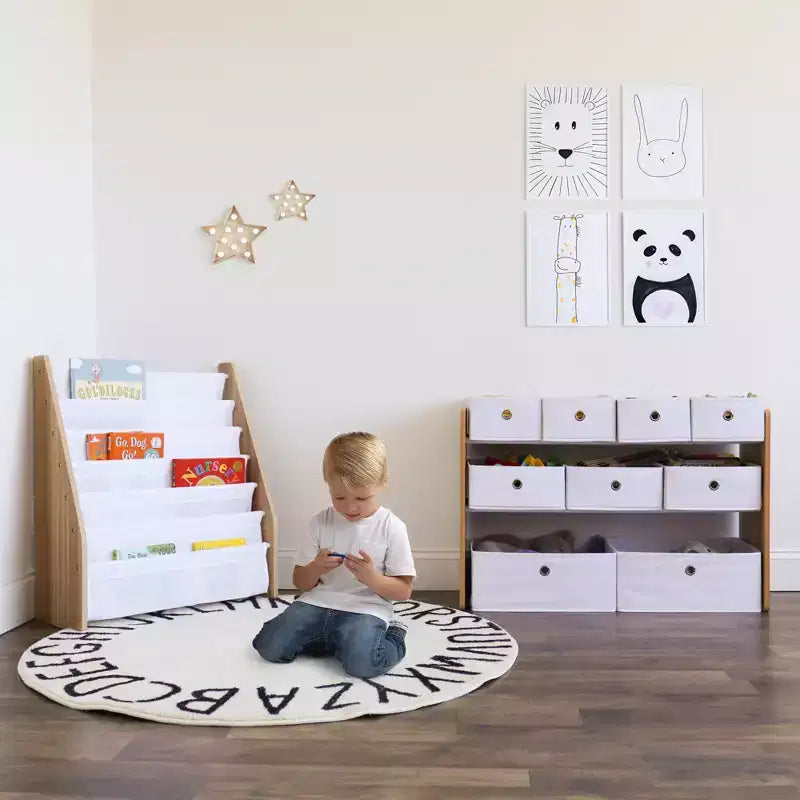 Meuble de rangement pour jouets d'enfants avec 9 bacs de rangement pliables en tissu Blanc - Humble Crew : Étagères de rangement pour salle de jeux, cadre en MDF