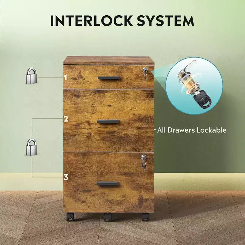 DEXYLLO Meuble Classeur à 3 Tiroirs sur Roulettes en Bois pour Bureau à Domicile avec Serrure, pour Documents de Format Lettre/A4