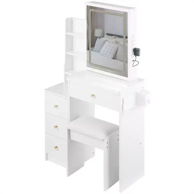 Coiffeuse Okak avec tiroirs et lumières, coiffeuse de chevet compacte de 29,2 pouces côté gauche avec miroir LED coulissant tactile surdimensionné, blanc