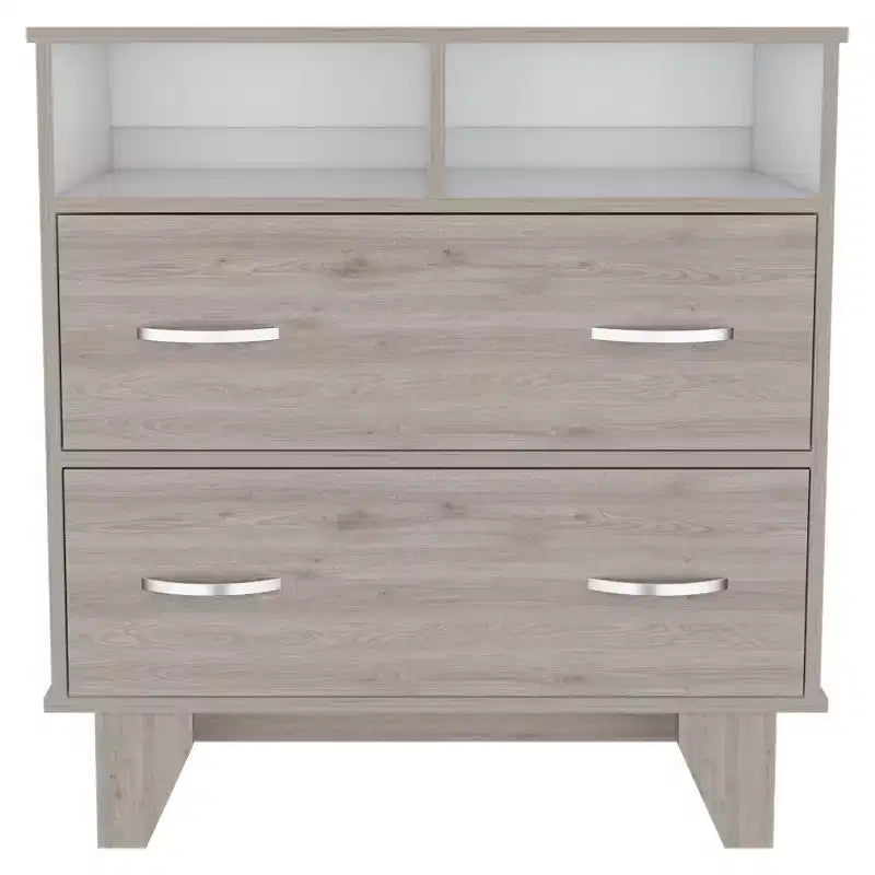 Commode Okak à 2 tiroirs avec 2 étagères, grande commode TV avec pieds pour chambre, entrée, commode moderne, finition gris mat, plateau supérieur