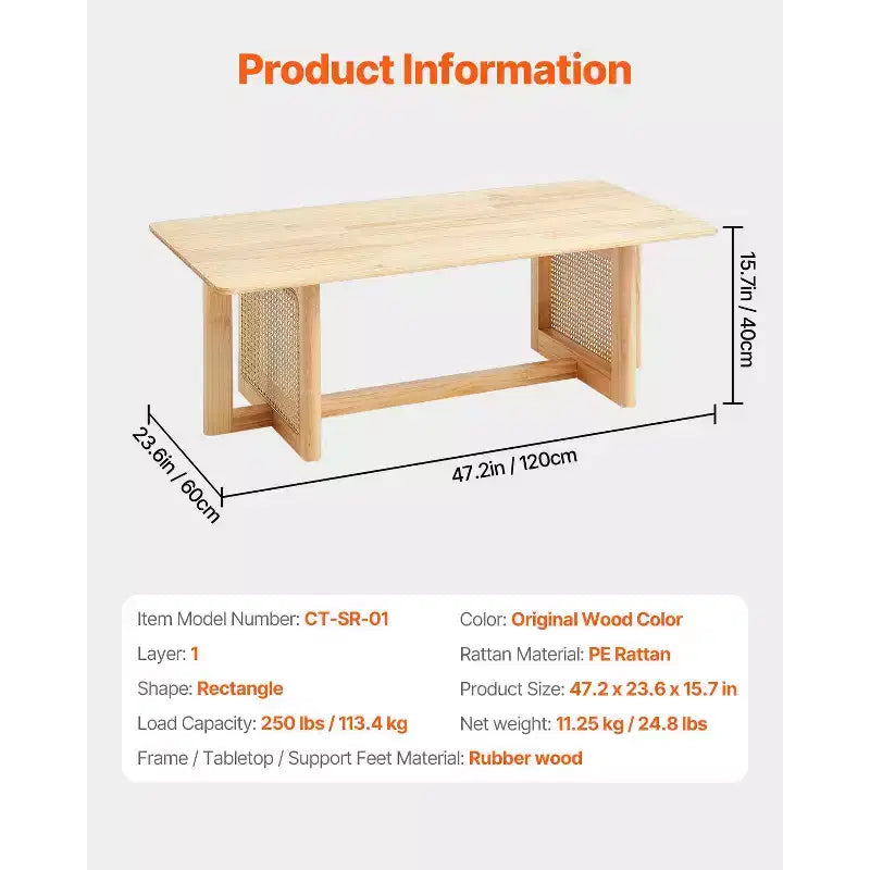 Table basse en rotin VEVOR, table basse rectangulaire en bois tressé avec plateau en bois d'hévéa, table basse de rangement moderne de 119 cm de style bohème