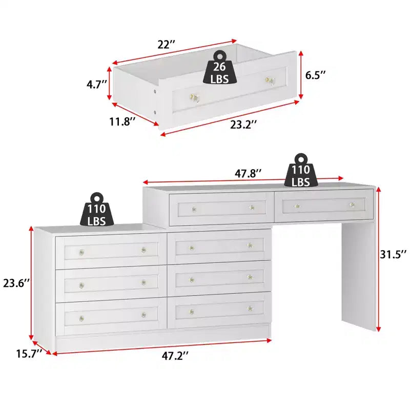 Commode horizontale 8 tiroirs Famapy, meuble pivotant multifonctionnel, commode blanche de chambre à coucher