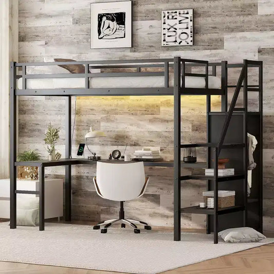 Okak Lit superposé mezzanine en métal Twin XL avec bureau en L et port USB, cadre de lit robuste avec armoire et étagère réglable à LED pour adultes, adolescents, enfants, noir