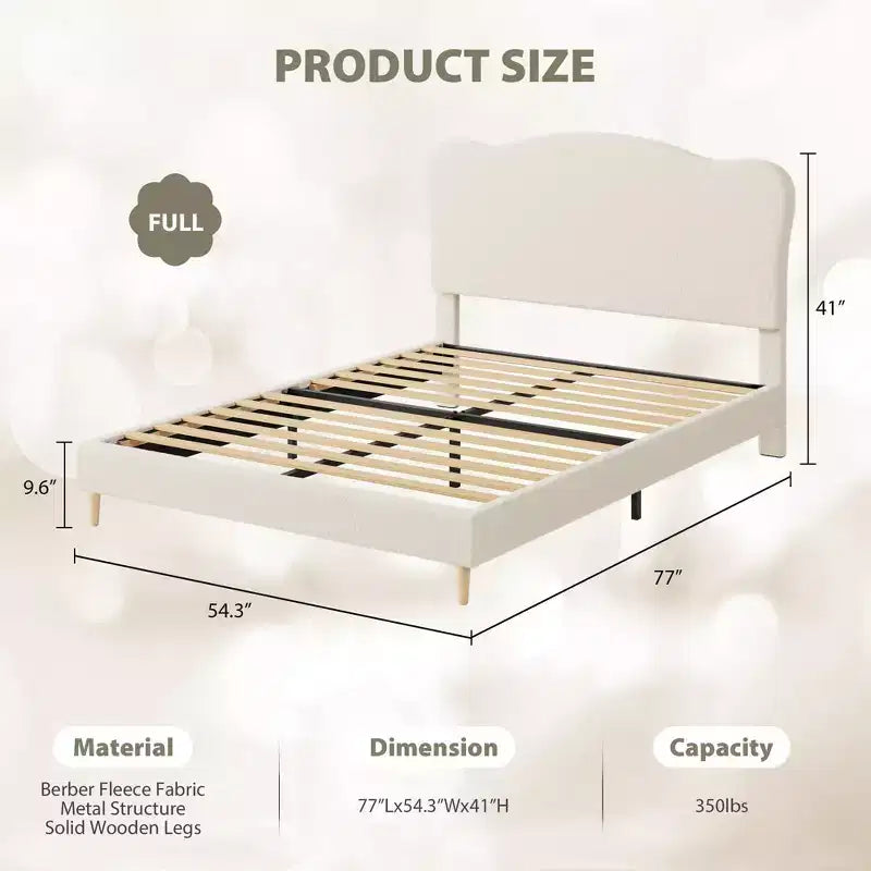 Cadre de lit double rembourré pour enfants avec tête de lit festonnée, lit double mignon en velours pour filles, garçons, lit plateforme robuste, aucun sommier tapissier requis