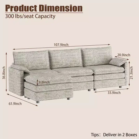Canapé modulable 108 XL, sectionnel moderne en chenille à assise profonde, canapé en forme de L, canapé modulable pour 4 personnes avec pouf mobile