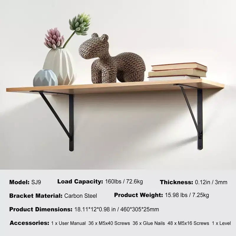 VEVOR Équerre d'étagère, 45,7 x 30,5 cm, Lot de 12, Supports d'Étagère Murale Robuste, Étagères Flottantes, Support Mural Noir Mat de 3 mm d'Épaisseur, Noir