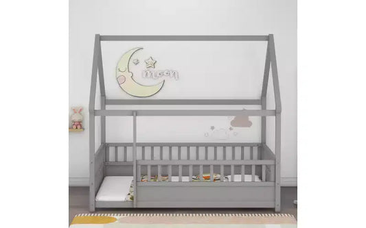 Cadre de lit au sol complet Zevemomo avec toit, lit Montessori pleine taille pour tout-petits avec clôture surélevée, pour enfants, garçons et filles, montage facile, gris