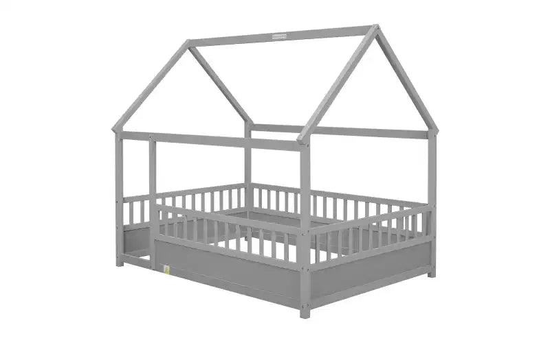 Cadre de lit au sol complet Zevemomo avec toit, lit Montessori pleine taille pour tout-petits avec clôture surélevée, pour enfants, garçons et filles, montage facile, gris