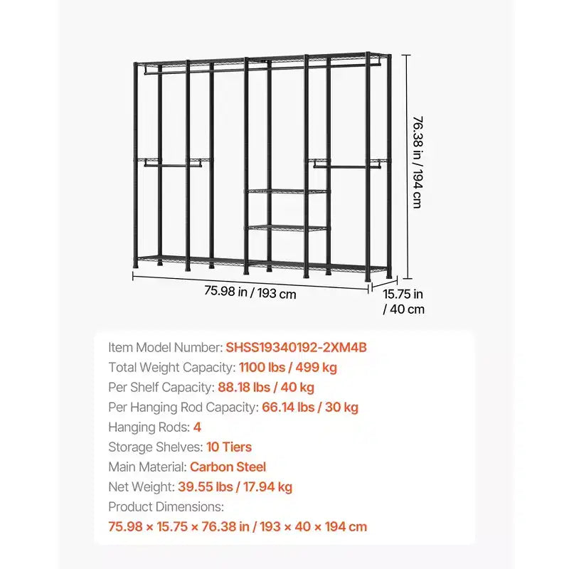 Portant à vêtements VEVOR, armoire de placard robuste, étagères réglables avec cadre en acier, capacité de charge de 500 kg avec 4 tringles, noir