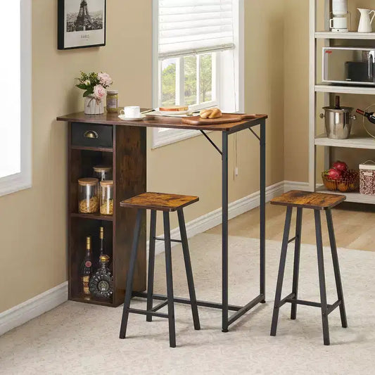 Ensemble de table de bar, ensemble de table de bar 3 pièces avec tiroir de rangement et étagère, ensemble de table peu encombrant, petite table et ensemble de 2 chaises