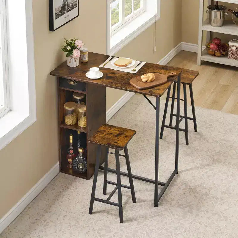Ensemble de table de bar, ensemble de table de bar 3 pièces avec tiroir de rangement et étagère, ensemble de table peu encombrant, petite table et ensemble de 2 chaises