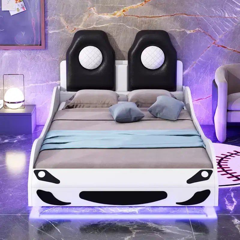 Lit plate-forme Bellemave en forme de voiture de course, taille double, avec LED et dossier rembourré, blanc