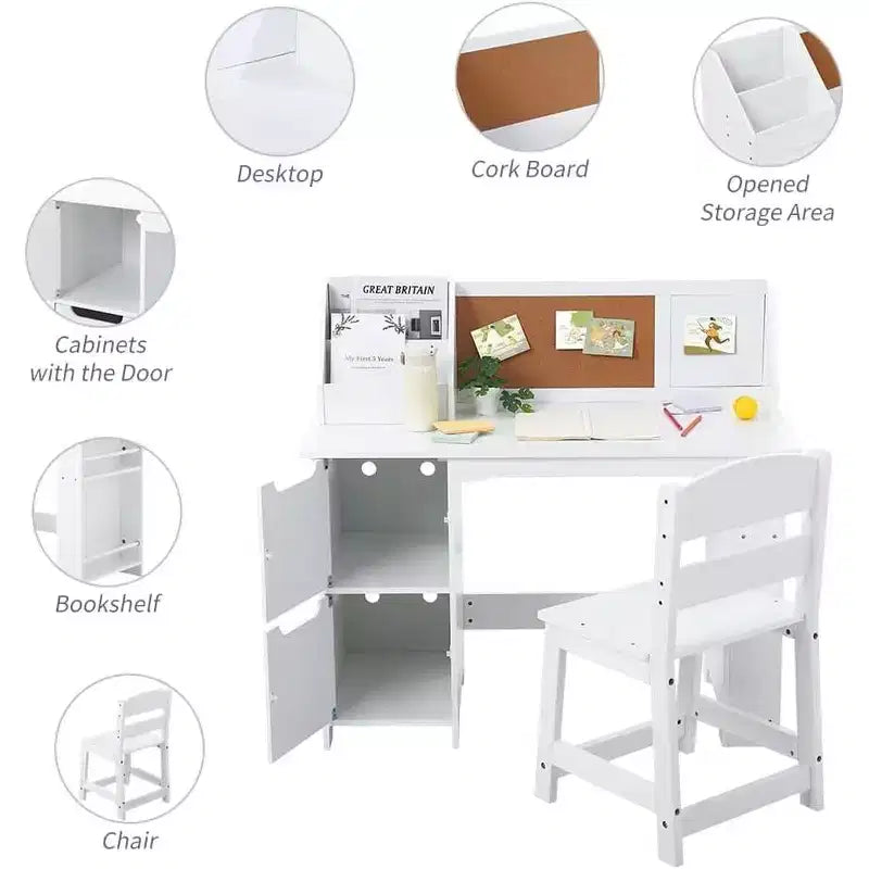 Ensemble de chaise de bureau blanche GustoWave avec étagère, tableau d'affichage et armoires idéal pour les garçons et les filles de 3 à 8 ans