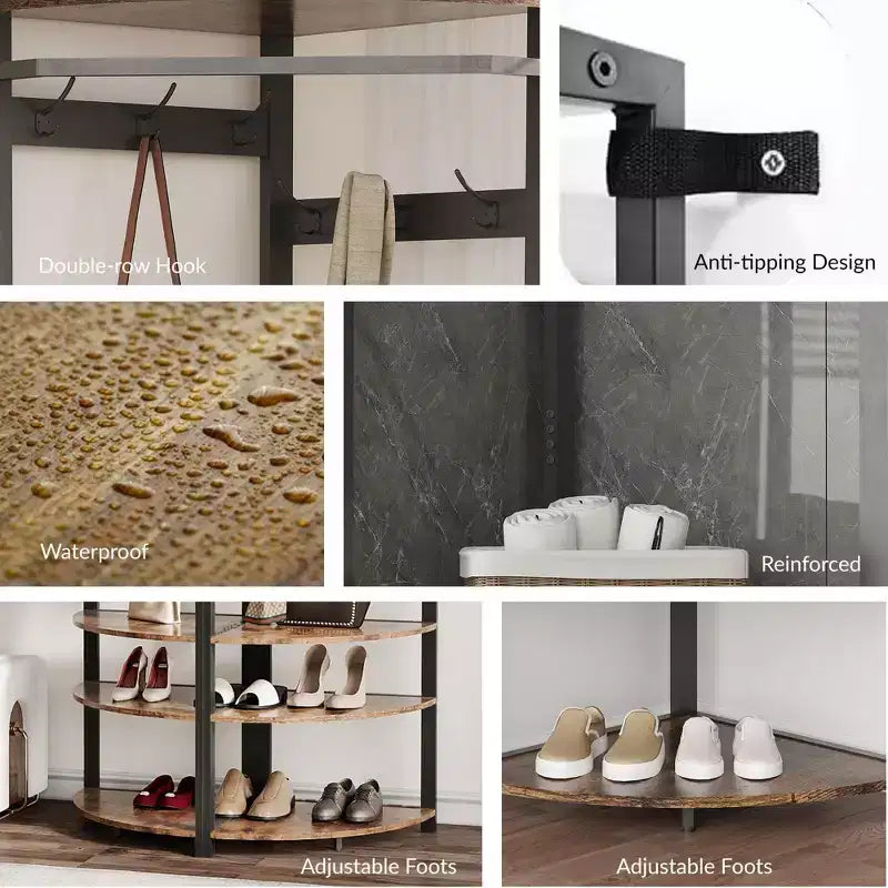 Porte-manteau d'angle CuisinSmart, arbre d'entrée d'angle avec banc à chaussures et étagère et 6 crochets doubles pour entrée, couloir, salle de bain, placard