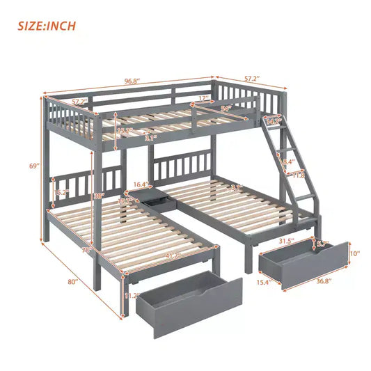 Lit superposé Triple (grand lit en bas, lits jumeaux au milieu et en haut) pour 3 enfants, en bois, avec tiroirs et barrières de sécurité, pour chambre à coucher ou dortoir