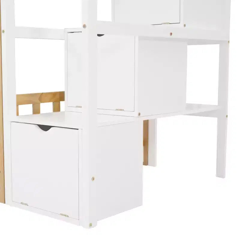 Lit superposé jumeau sur jumeau avec escalier, Cadre de lit superposé maison avec rangement et barrière de sécurité pour enfants filles garçons, Blanc