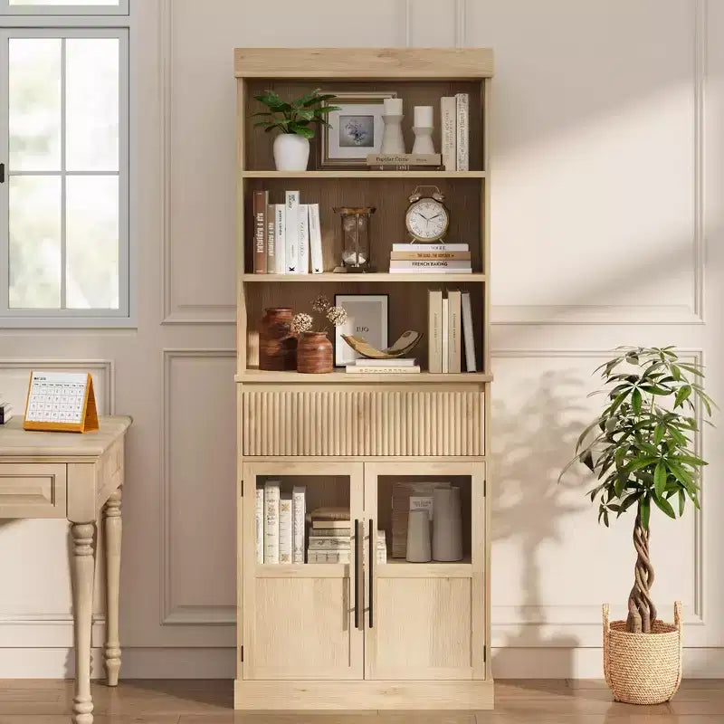 CuisinSmart Armoire de présentation de ferme avec porte vitrée et tiroir, Meuble de rangement de cuisine autoportant avec étagères ouvertes à 3 niveaux, Étagère à livres en bois