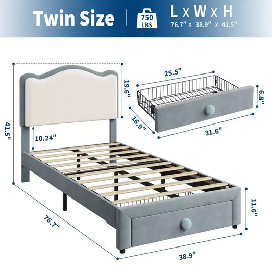 Lit pour enfant, lit plateforme jumeau rembourré, lit pour tout-petit avec tête de lit et tiroir de rangement, lit plateforme princesse