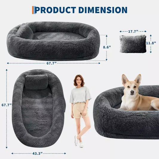 Lit pour chien humain adapté à vous et aux animaux de compagnie pour un petit somme, lit orthopédique lavable en fausse fourrure pour la sieste, 172 x 110 x 22 cm
