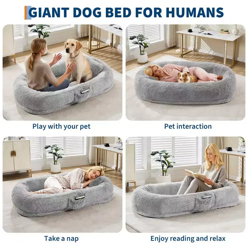 Lit pour chien humain adapté à vous et aux animaux de compagnie pour un petit somme, lit orthopédique lavable en fausse fourrure pour la sieste, 172 x 110 x 22 cm