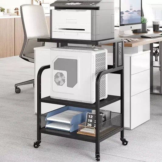 Meuble d'imprimante roulant COZONY à 3 niveaux avec prise de courant, étagère de rangement réglable et roulettes pour bureau à domicile, télécopieur, scanner