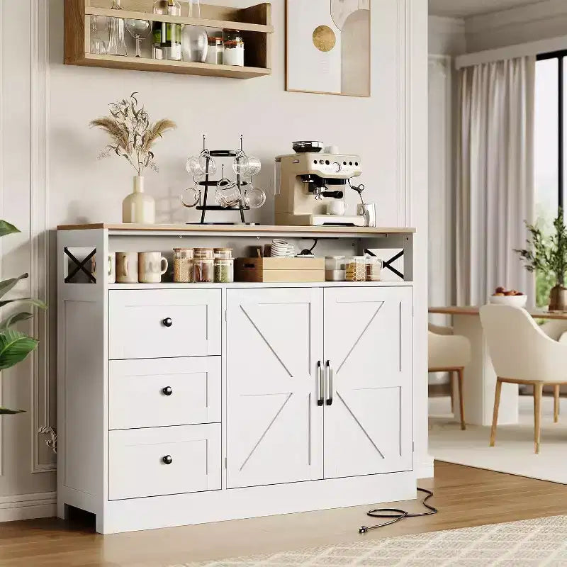 Meuble de buffet de ferme 47, buffet de cuisine avec bar à café avec 3 tiroirs et portes coulissantes, étagères réglables pour la maison
