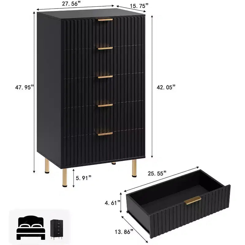 Commode de chambre à 5 tiroirs cannelés, commode moderne de 122 cm de haut avec tiroirs profonds et plateau large, organiseur de commode en bois pour salon