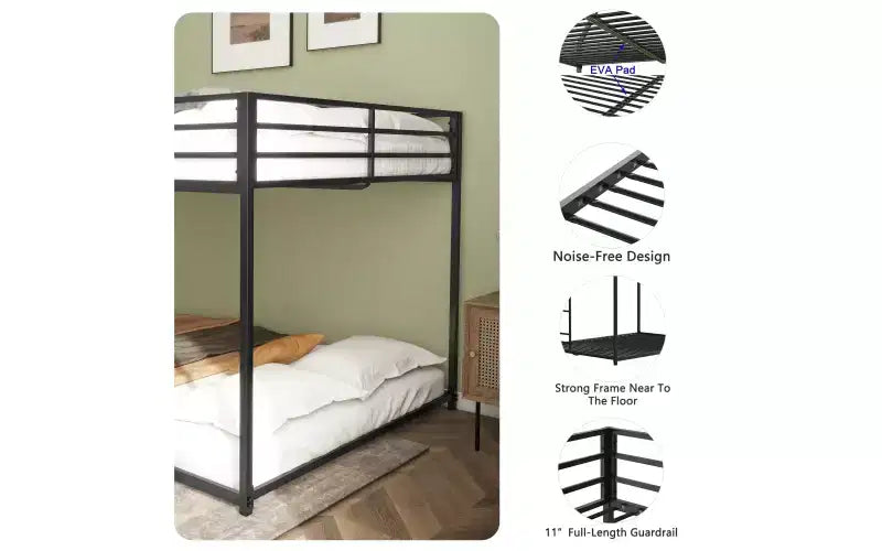 ZevemomoLit superposé complet sur complet pour enfants, cadre de lit bas en métal avec échelle intégrée, protection supérieure haute, lit de sol inférieur, pas besoin de sommier tapissier, noir