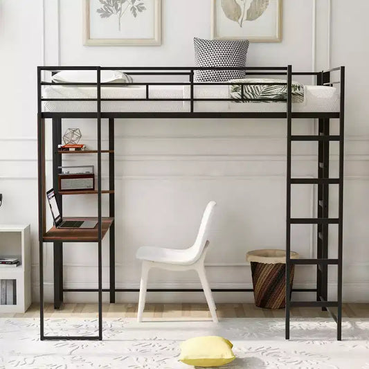 Okak Lit mezzanine en métal avec bureau, taille double, 79,5 pouces, avec 2 étagères et 2 échelles, cadres de lit pour chambre à coucher, dortoir
