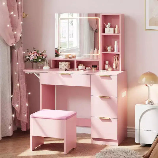Coiffeuse avec miroir et lumières, Table de maquillage avec éclairage LED 3 modes de couleur, Tabouret de rangement pour chambre, pour filles et femmes, Rose