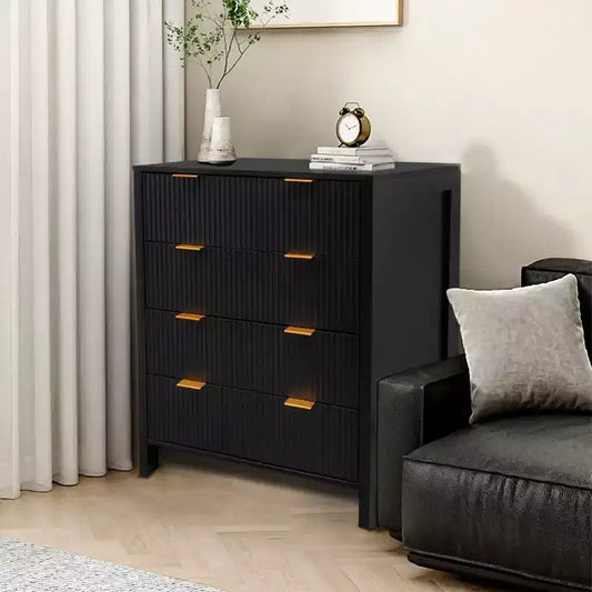 Commode haute à 4 tiroirs avec design cannelé, chiffonnier moderne du milieu du siècle pour chambre à coucher, salon, couloir, finition noire
