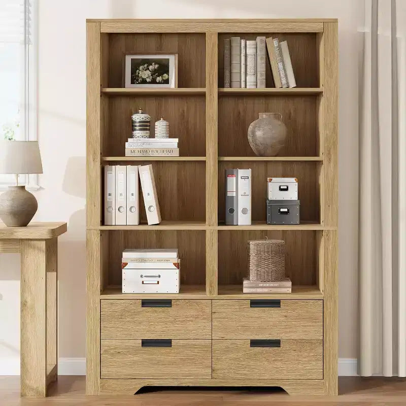 Bibliothèque haute de 72", bibliothèque double largeur à 4 niveaux avec 4 tiroirs, grande étagère ouverte autoportante, idéale pour le salon, le bureau, la bibliothèque