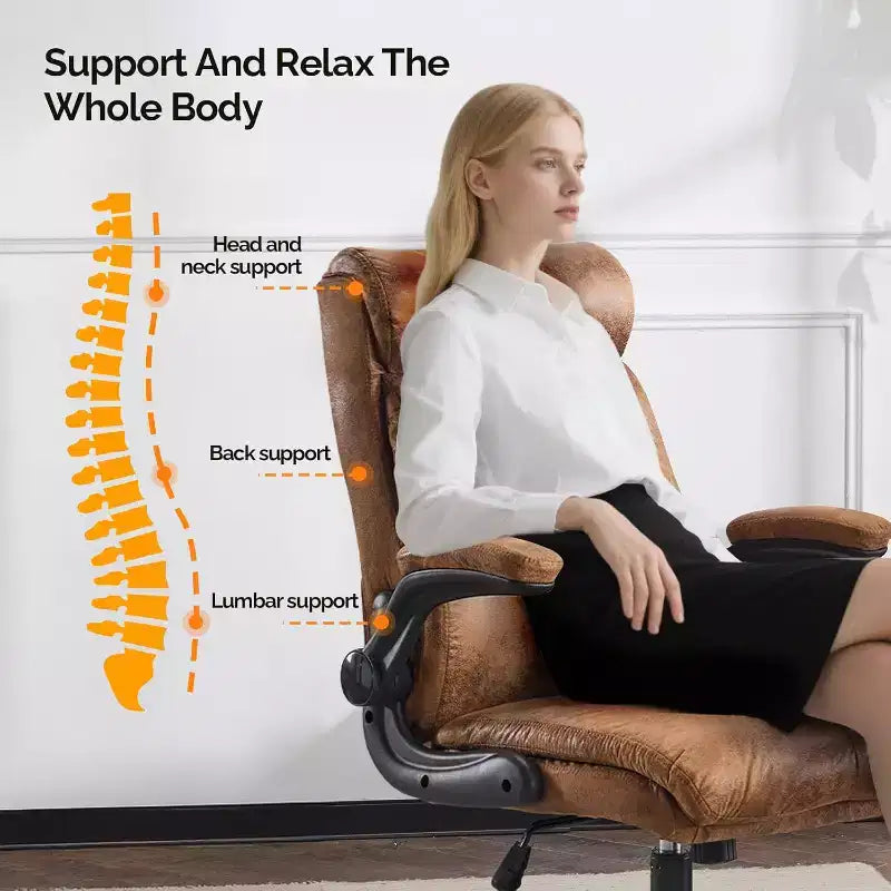 VINGLI Chaise de bureau ergonomique roulante en microfibre marron avec accoudoirs rembourrés relevables, fauteuil de direction à dossier haut pivotant à 360° avec roulettes