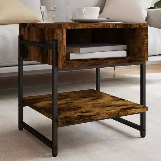 vidaXL Table basse chêne fumé – Meuble d'appoint style industriel pour salon – Bois d'ingénierie avec cadre en métal, étagère de rangement, pieds réglables