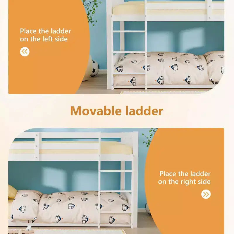 JOYMOR Lits superposés bas jumeaux en bois massif pour enfants/juniors, cadre de lit superposé avec balustrades de sécurité et échelle pour garçons filles, aucun sommier tapissier requis (blanc)