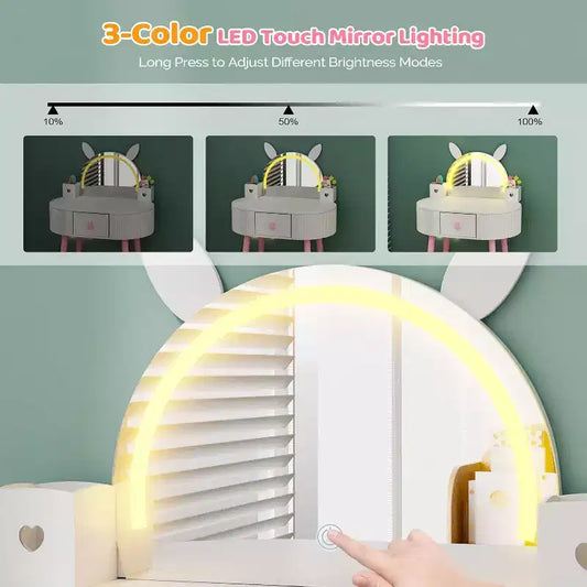 Coiffeuse pour enfants JOYMOR avec écran tactile et lumières 3 couleurs, miroir réglable, table et chaise avec rangement (blanc)
