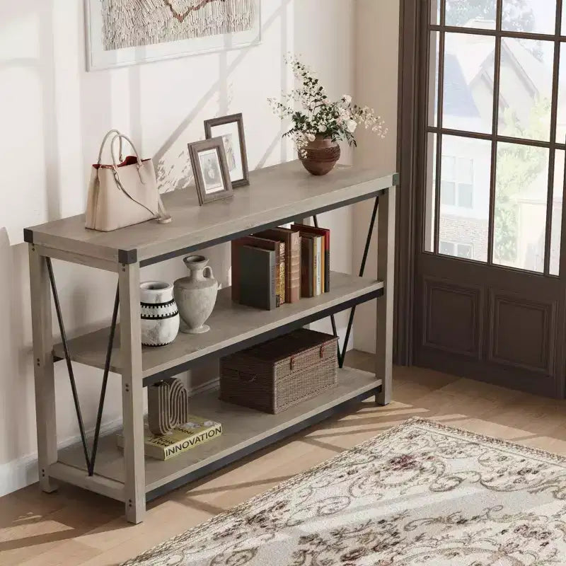 47 Table console d'entrée C, Table de canapé étroite à 3 niveaux avec étagères de rangement (Gris, pour salon/couloir/cuisine)