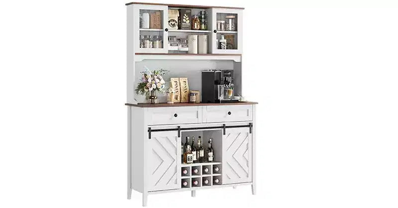 Meuble de bar à vin Garvee, buffet de cuisine de style campagnard avec casiers à vin et tiroirs, vaisselier de cuisine éclairé par LED avec portes coulissantes
