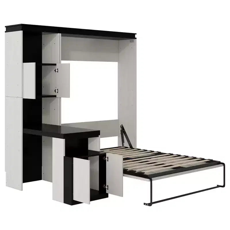 Lit mural escamotable pleine grandeur avec étagères de rangement et table, lit mural pliant pour chambre à coucher ou chambre d'amis, noir et blanc