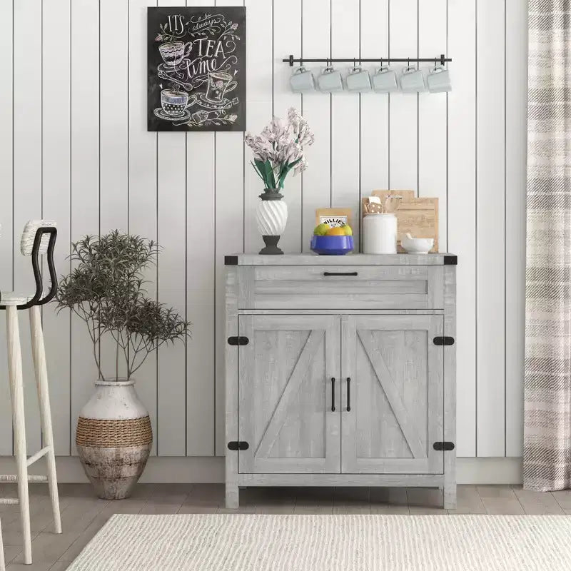 Buffet bahut de ferme moderne avec rangement, meuble de buffet avec 2 portes de grange et tiroir pour salle à manger