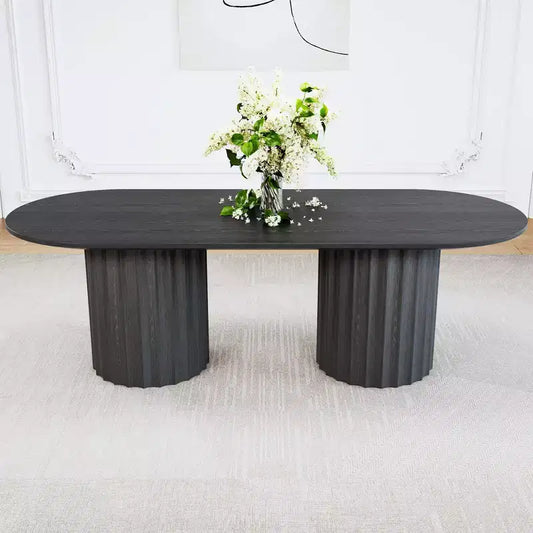 Table à manger ovale double base cylindrique noire de 86 pouces avec 8 chaises de salle à manger, convient pour salle à manger / salon