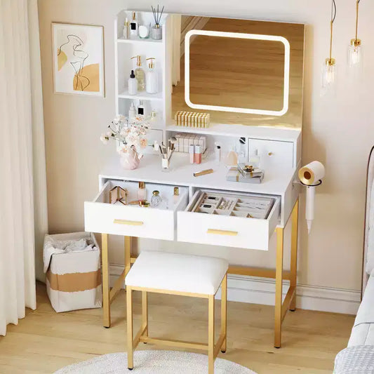 Coiffeuse avec miroir LED et 3 modes d'éclairage, tabouret, 4 tiroirs, prise de courant et étagères de rangement pour chambre à coucher