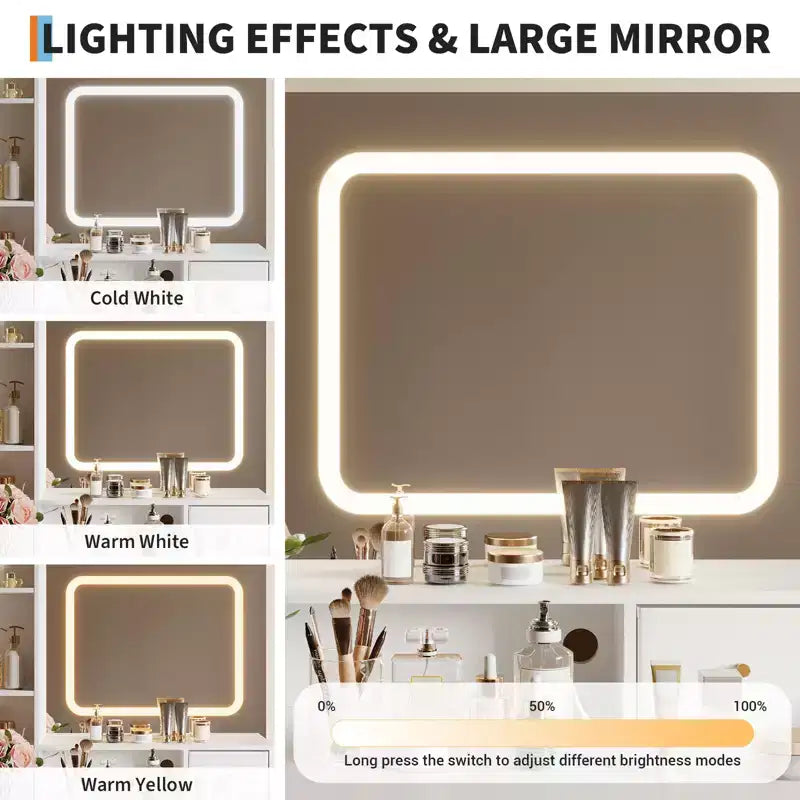 Coiffeuse avec miroir LED et 3 modes d'éclairage, tabouret, 4 tiroirs, prise de courant et étagères de rangement pour chambre à coucher