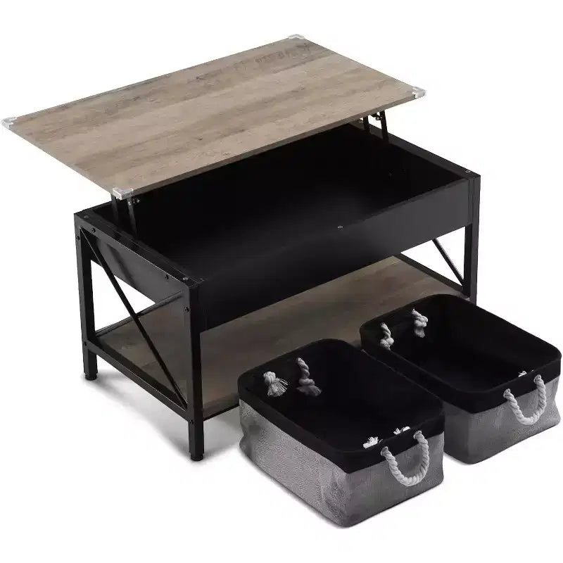 VINGLI Table basse relevable 36 avec bacs de rangement en tissu, tables basses de style ferme pour salon, noir et gris