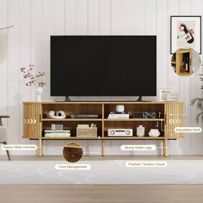 Meuble TV avec rangement – Meuble média en chêne, centre de divertissement contemporain, adapté aux salons, chambres et couloirs.