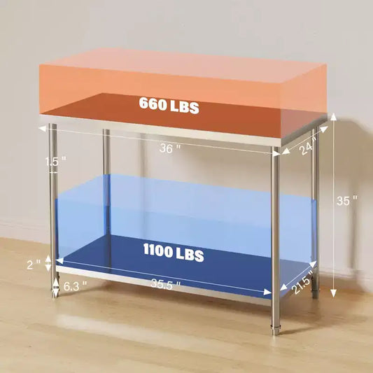 Table en acier inoxydable, table de préparation commerciale en métal robuste avec étagères ouvertes pour cuisines de restaurant, maison, hôtels, préparation des aliments