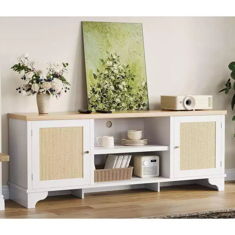 Meuble TV en rotin GustoWave pour téléviseurs jusqu'à 70 pouces, meuble de divertissement bohème avec rangement, table console multimédia en bois pour salon