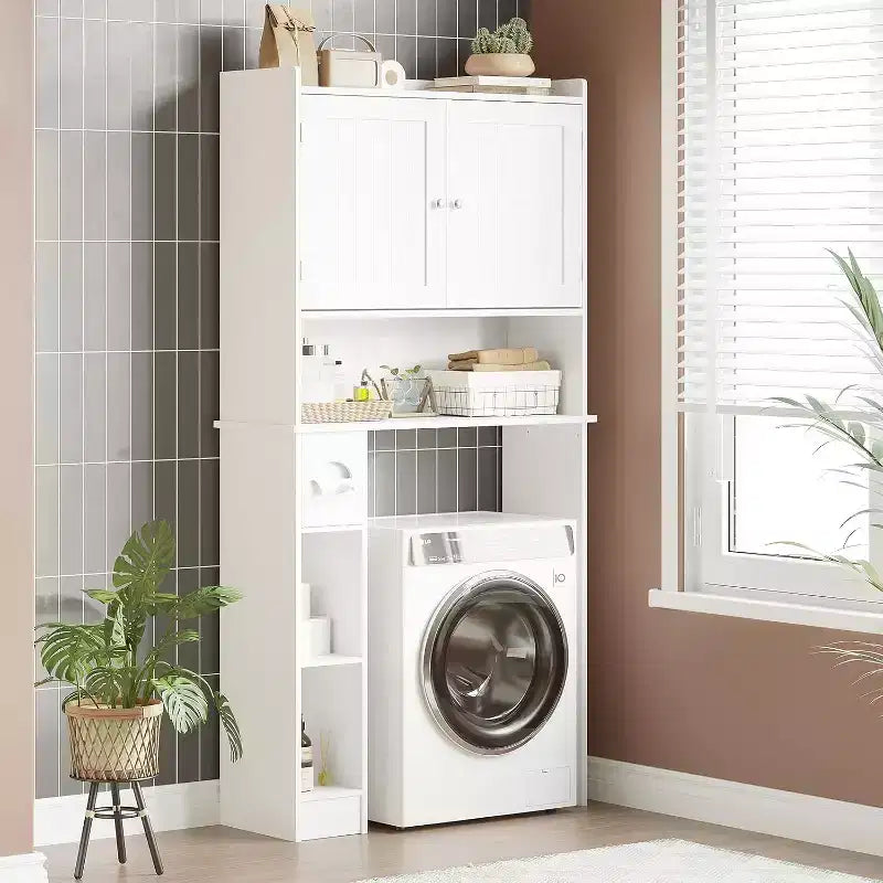 GustoWave Meuble de rangement WC au-dessus des toilettes, Organisateur de salle de bain au-dessus des toilettes avec porte et support de rouleau de papier toilette, Gain de place, Blanc