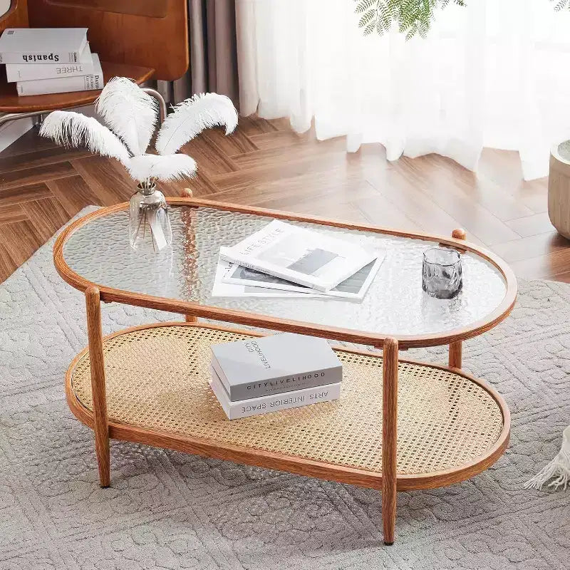 VINGLI Table Basse Ovale 38 en Rotin, Table Centrale en Métal avec Plateau en Verre Ondulé et 2 Niveaux de Rangement, pour Salon, Ambiance Naturelle
